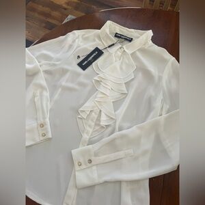 Karl Lagerfeld Paris White Ruffle Front Blouse New With Tags